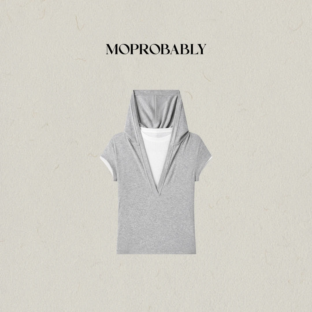 Moprobably李予诺「灰臻」极简休闲百搭真两件连帽短袖T恤L5253001