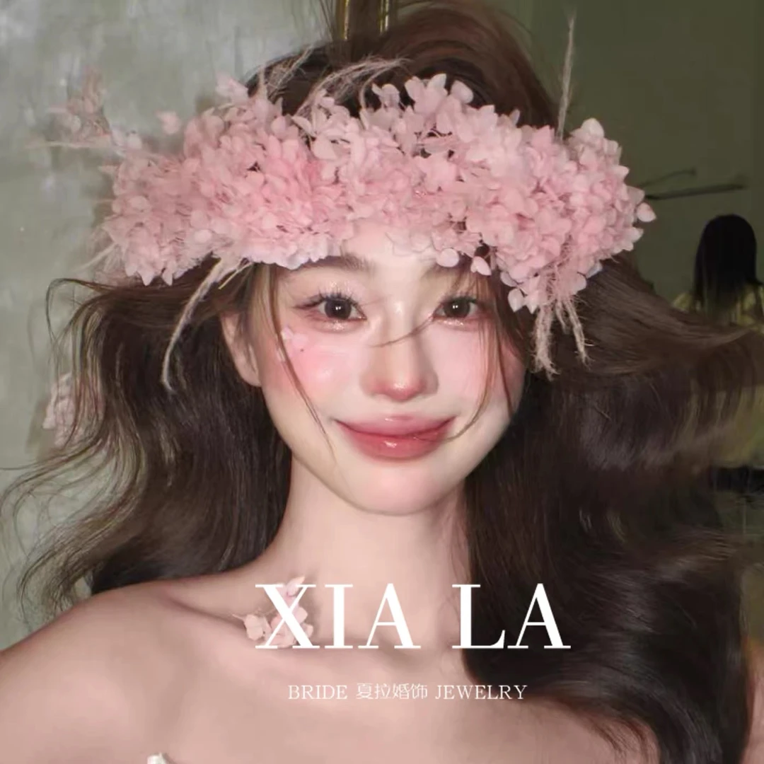 夏拉手作粉色永生花环头饰婚纱礼服仙气饰品结婚订婚森系造型配饰