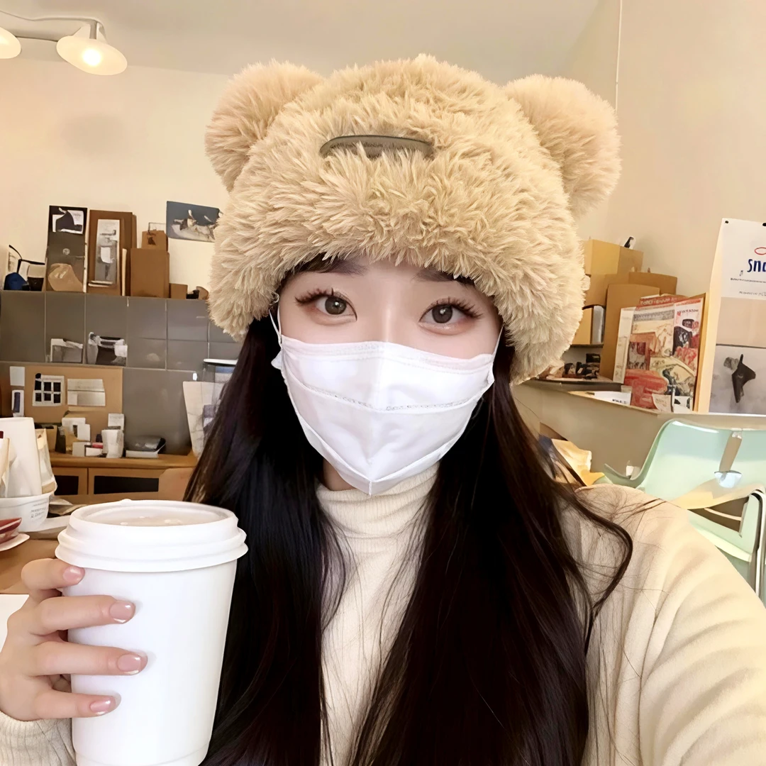 韩版女冬季针织帽可爱小熊毛绒护耳针织帽时尚百搭冬天网红保暖帽