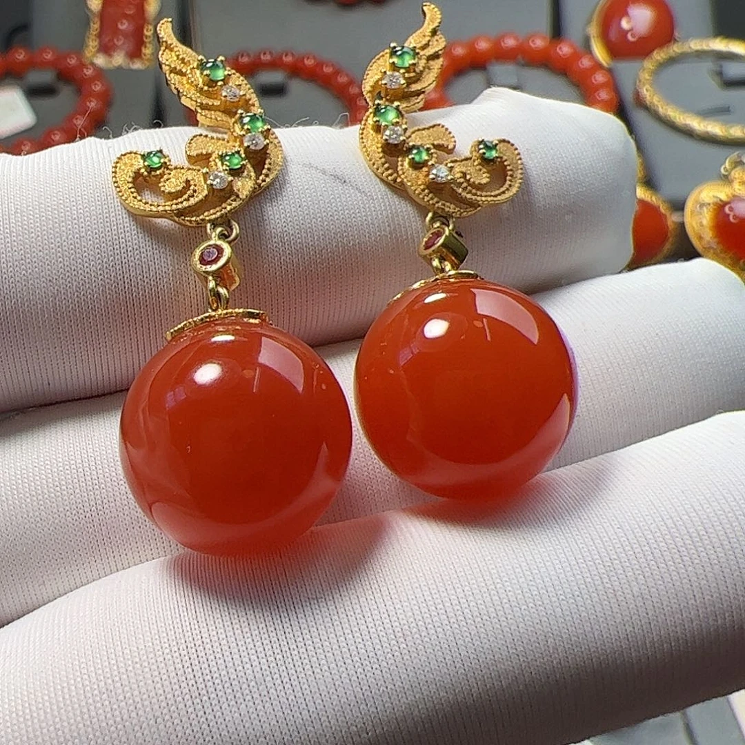 南红玛瑙18K金镶嵌圆珠耳坠18K金镶嵌心**水