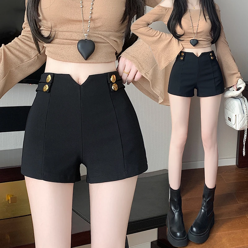 实拍百搭弹力休闲短裤女2025春夏辣妹热裤高腰显瘦a字黑色短裤