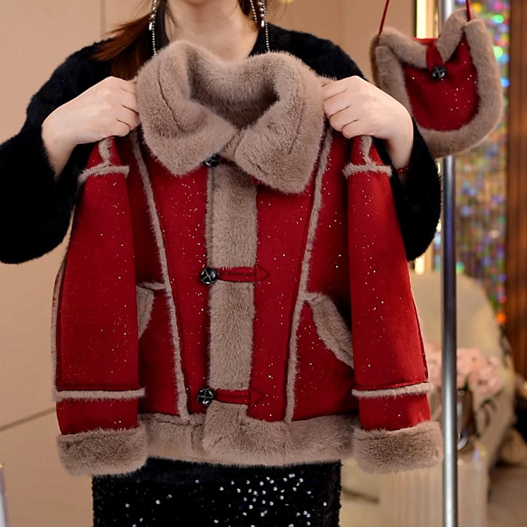 淑芬童装女童加绒外套冬季2024新款潮撒银皮毛一体冬装拜年服洋气