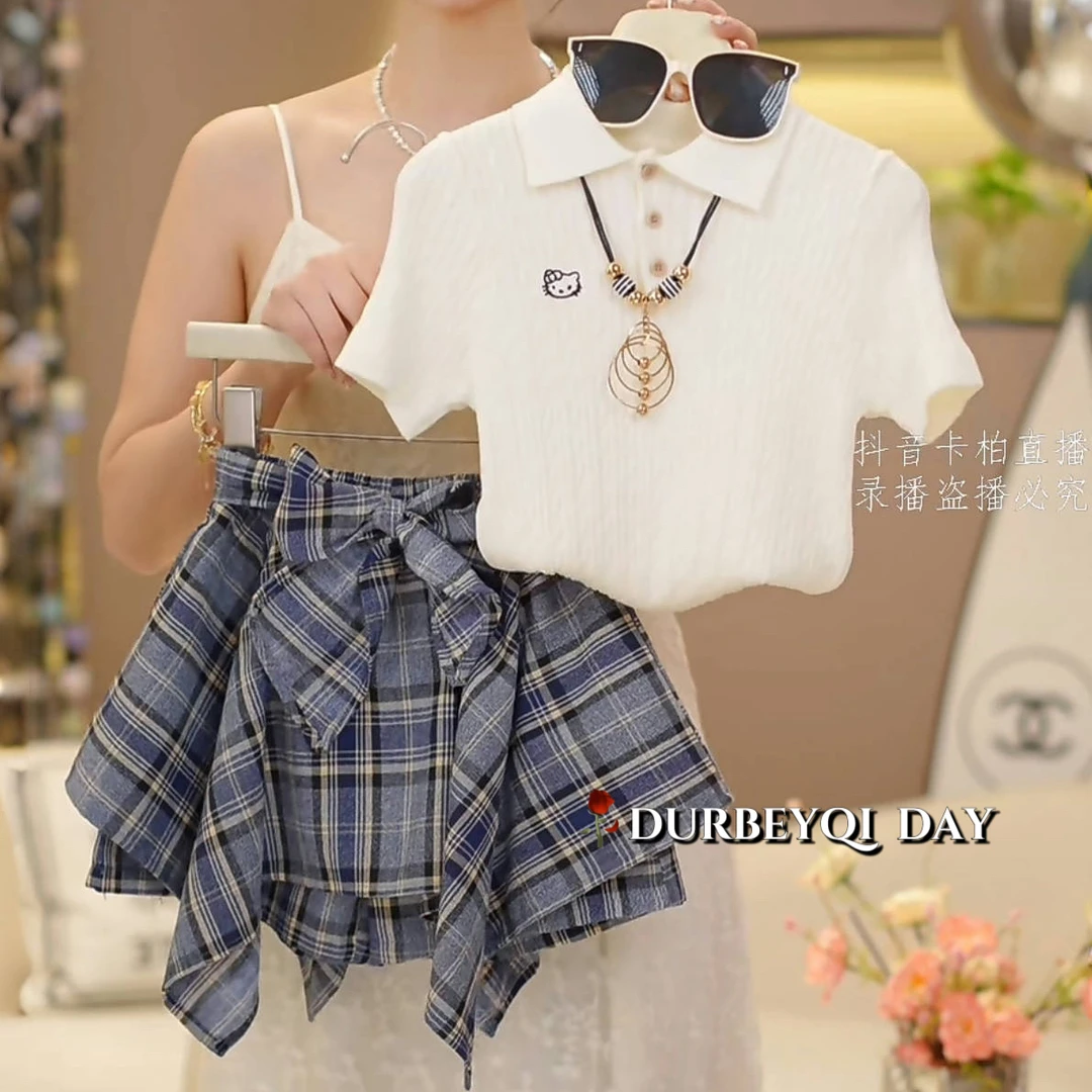 DURBEYQI/朵贝奇女童2025夏季新款百搭kt短袖时尚格子裙套装5270