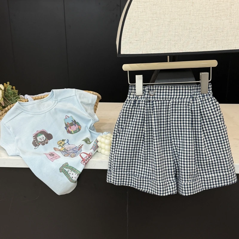 现货leomama【蓝格子】女童洋气格子短裤儿童夏季百搭宽松时尚裤子