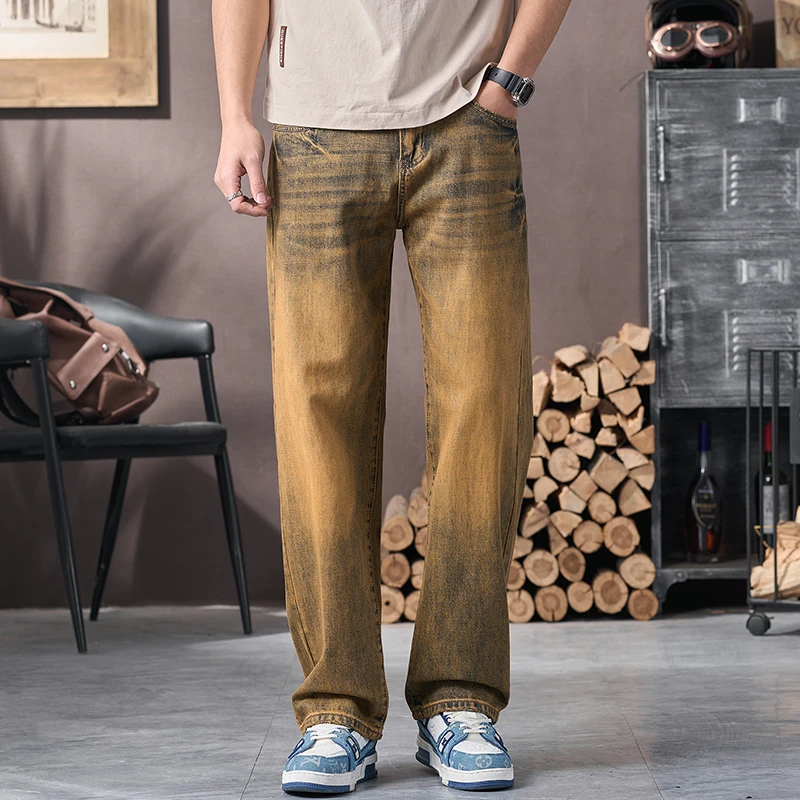 美式重磅牛仔裤男款潮牌水洗黄泥染春秋季新款宽松直筒休闲长裤子