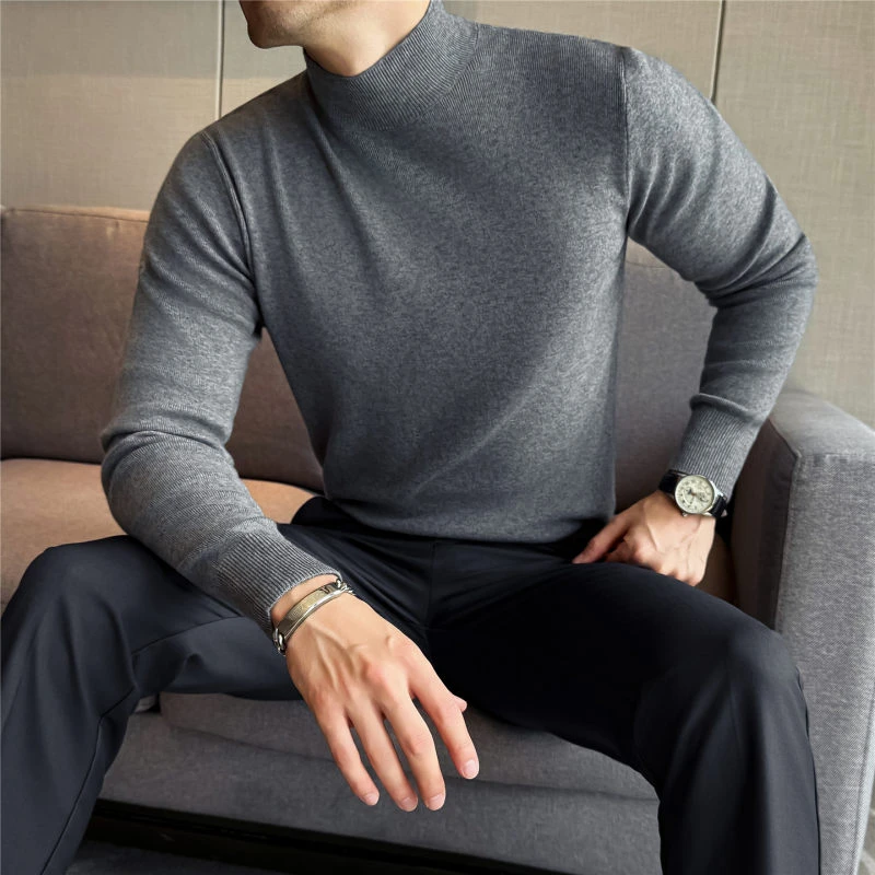 高档羊毛混纺亲肤莫代尔半高领毛衣男士针织打底衫柔软舒适线衣