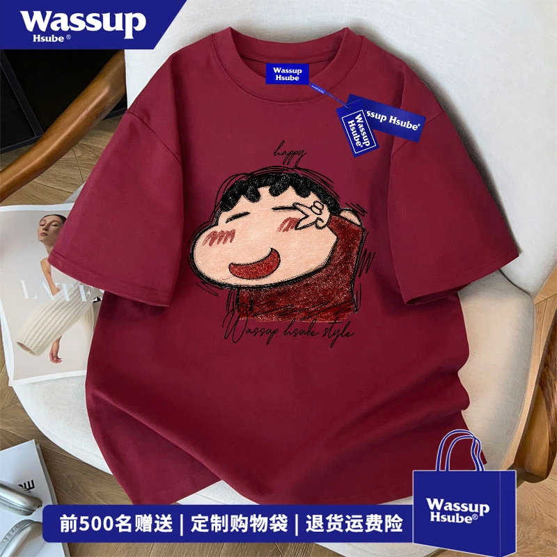 WASSUP HSUBE 夏季日系个性百搭重磅短袖蜡笔小新印花酒红色上衣