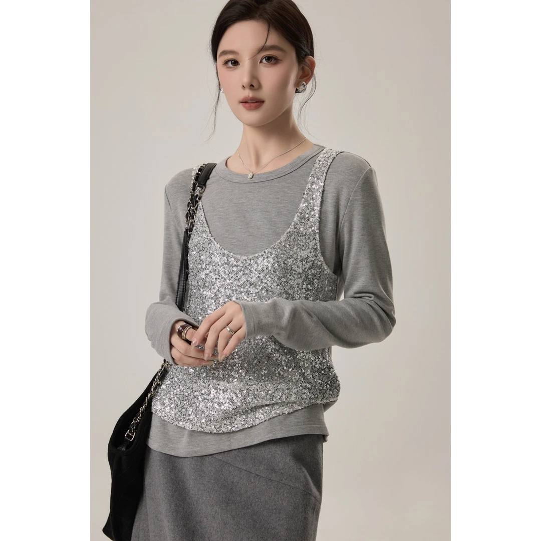 UKILAU【鎏光闪烁】奢感重工超闪设计感亮片拼接假两件宽松上衣