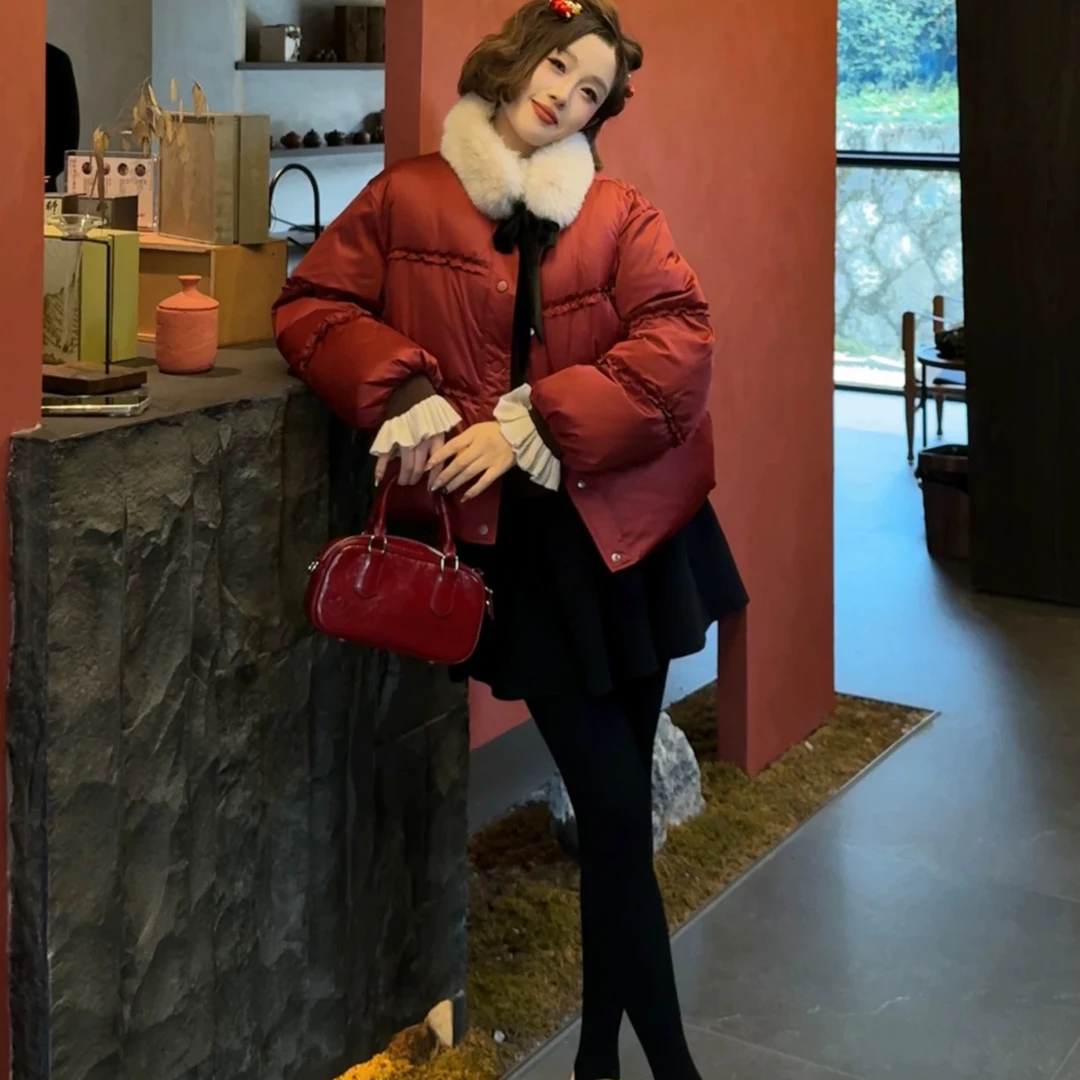 新年圣诞红时尚女短款棉服冬季保暖加厚大毛领显瘦外套