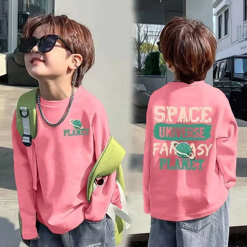 春秋款男孩子纯棉长袖t恤男童帅气宽松上衣中大童潮T爆款儿童衣服