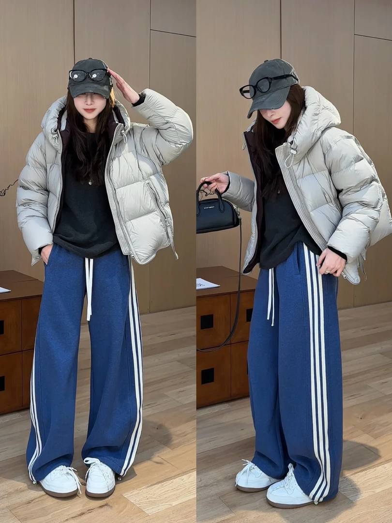 月月 2025冬季侧缝撞色加绒加厚高腰雾霾蓝直筒休闲裤 2511C8110