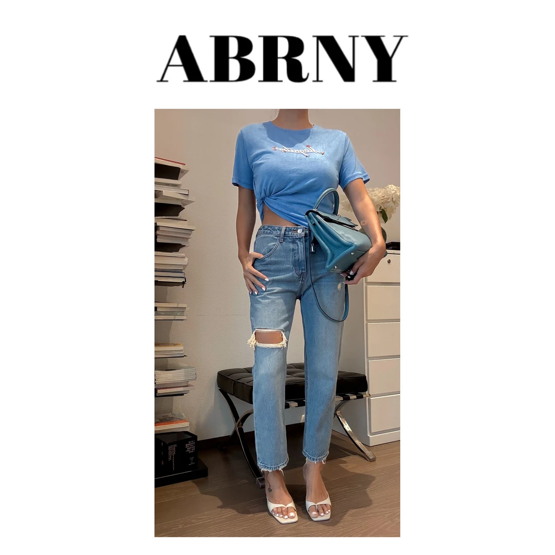 许小黑【牛仔大户二代】无弹破洞水洗磨破中高腰直筒腰蓝牛仔裤8618