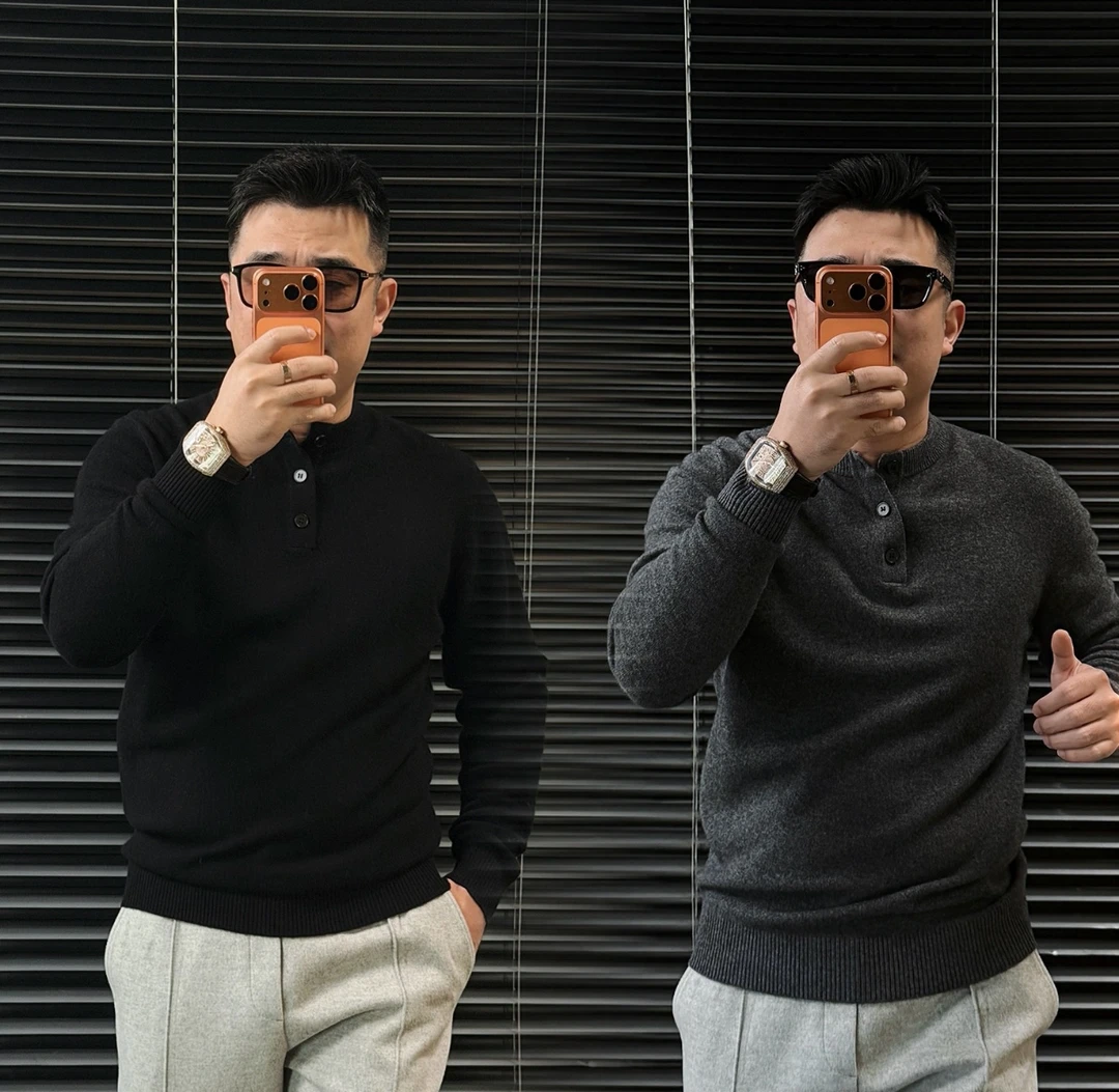 【羊绒+羊毛】秋冬新款男小众老钱风三连扣圆领长袖内搭毛衣2219