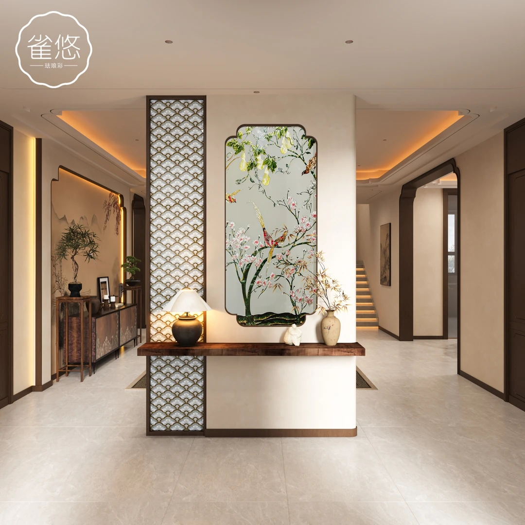 【雀悠】珐琅彩手绘艺术玻璃屏风隔断透光新中式玄关遮挡高级感装饰