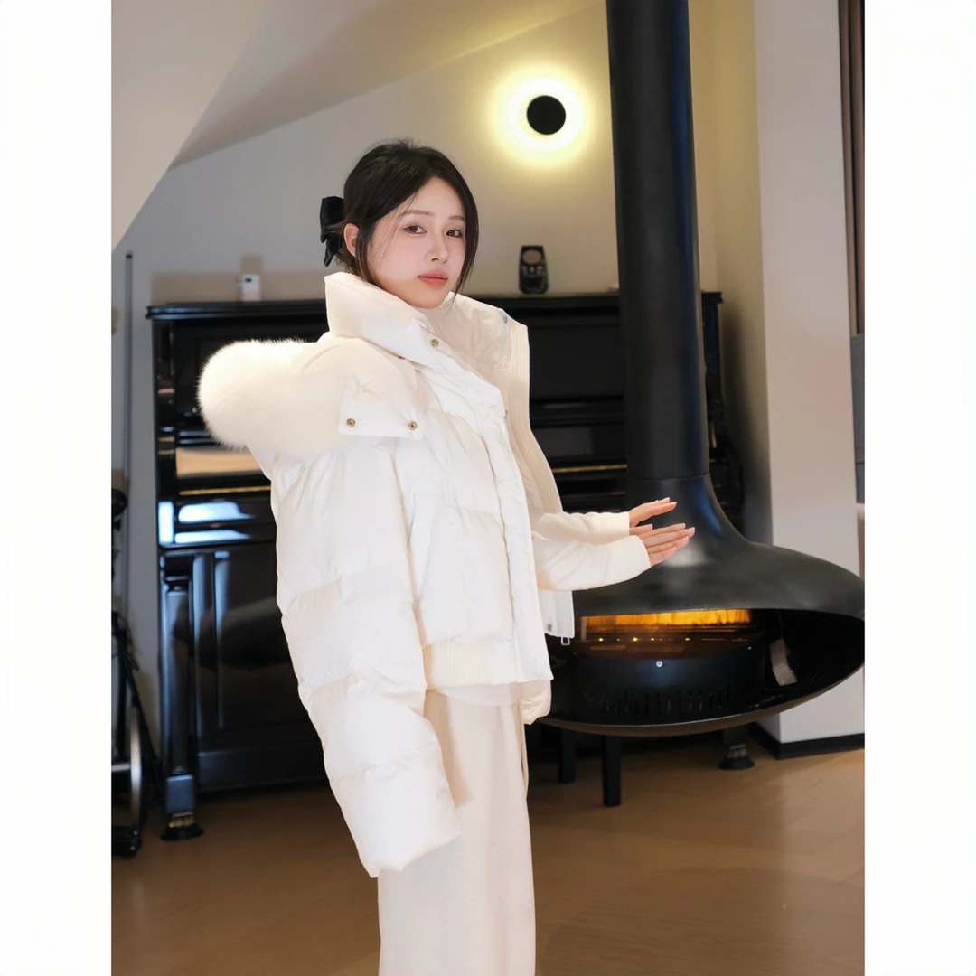 雪莉Shirley【重磅真毛领】 收腰短款高腰连帽羽绒服