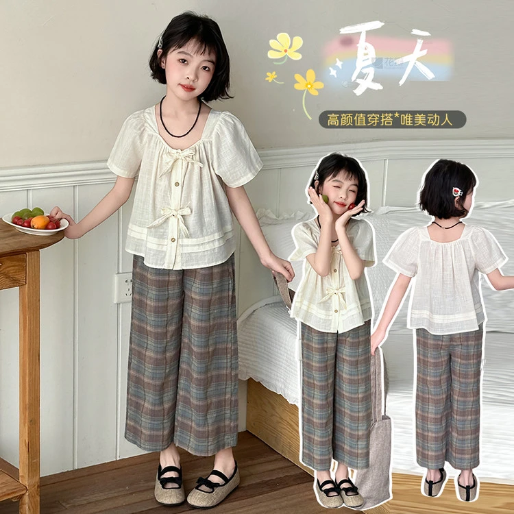 女童短袖衬衫夏装2025新款大童韩版夏季白色圆领衫儿童浅色花边裤