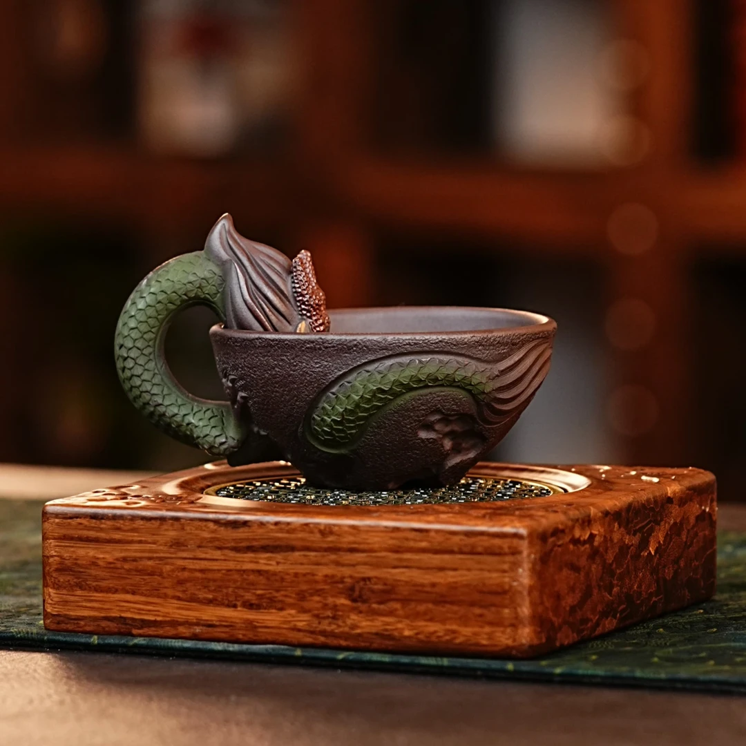 宜兴正宗紫砂紫泥龙纹龙把带把杯紫砂工艺品紫砂茶杯茶具网红茶器