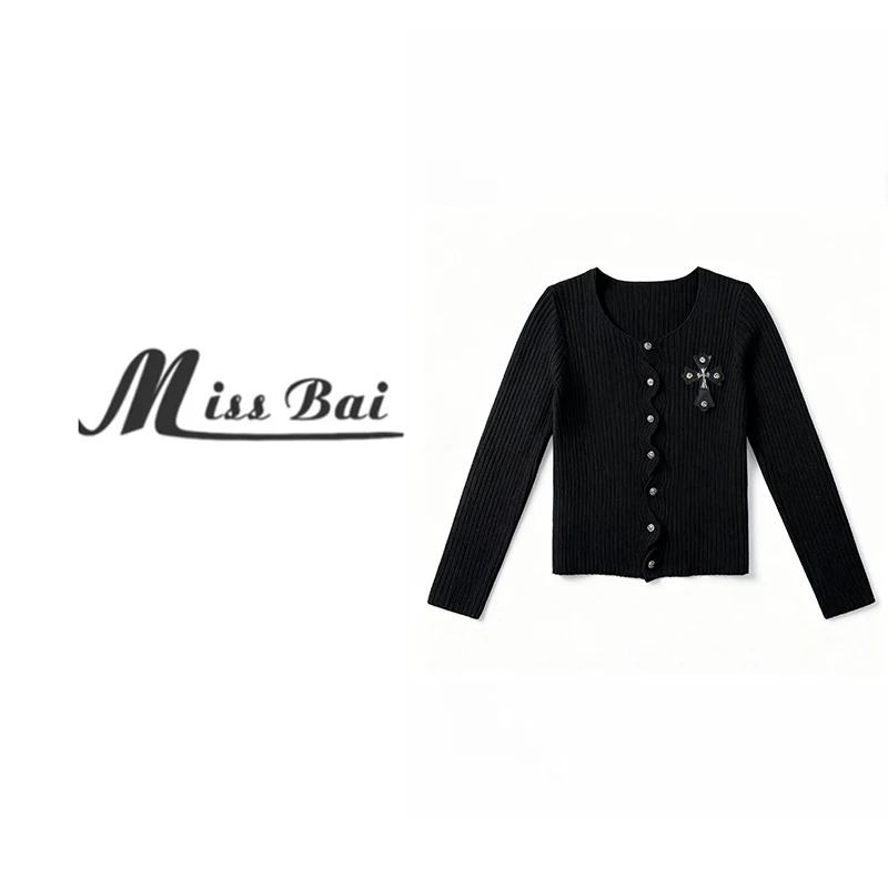【MissBai】白色十字架针织长袖女法式开衫圆领显瘦气质上衣女-7846