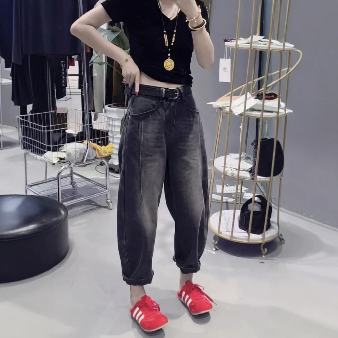 高腰哈伦牛仔裤女2025年秋季新款胖妹妹洋气百搭宽松九分老爹裤子