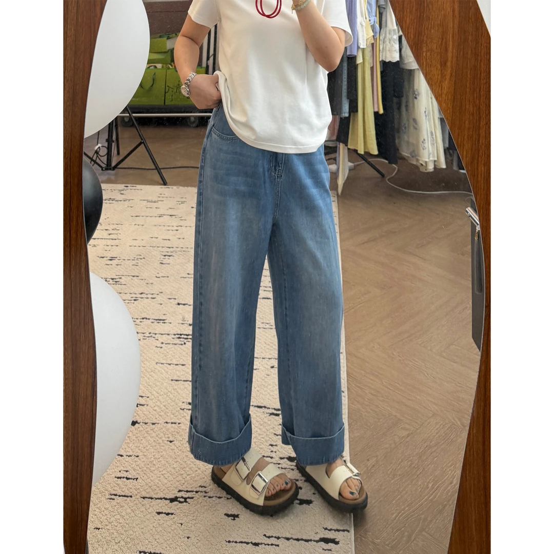 QC宣宣【九分裤】微胖大码女装直筒九分水洗牛仔裤ZY405K39