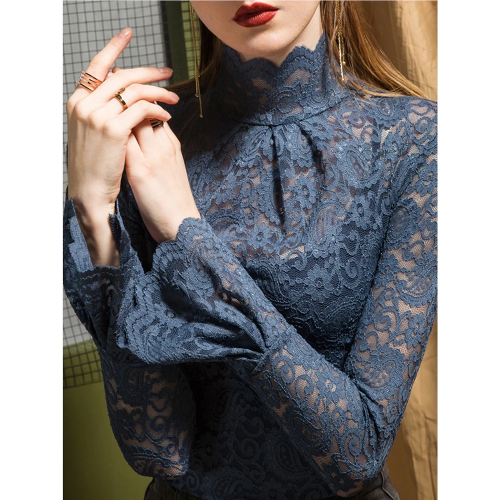 高领内搭蕾丝打底衫女网纱长袖秋冬新款2021洋气喇叭袖上衣超仙潮