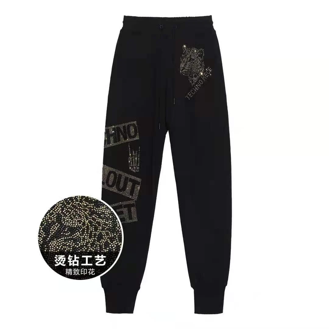 TCH服饰店播-豹头烫钻潮流休闲裤黑色束脚裤男女同款T21120C6036