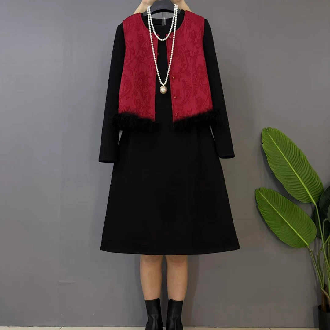 2025新款大码女装时尚气质复古马甲连衣裙两件套套装