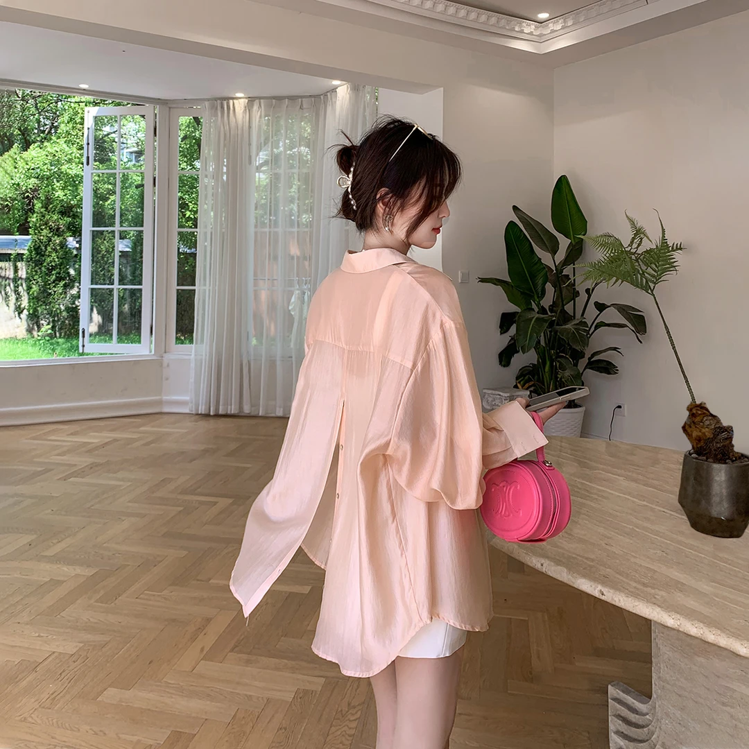 轻薄开衫防晒衬衫女2025夏季新款后背开叉性感炸街粉色百搭上衣潮