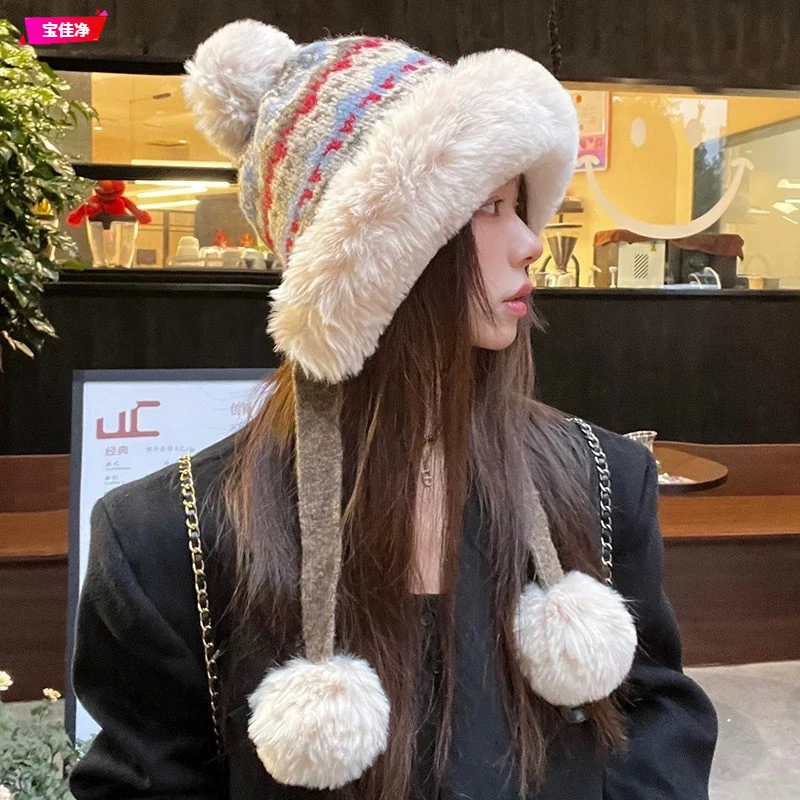 费尔岛风加绒加厚保暖雷锋帽子女冬季毛球护耳毛线帽大头围毛绒帽
