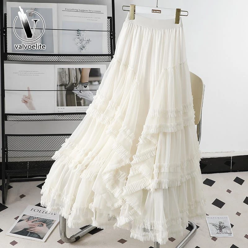 VALVOELITE法式蕾丝半身裙重工蛋糕裙女夏高腰网纱蓬蓬裙长纱裙子