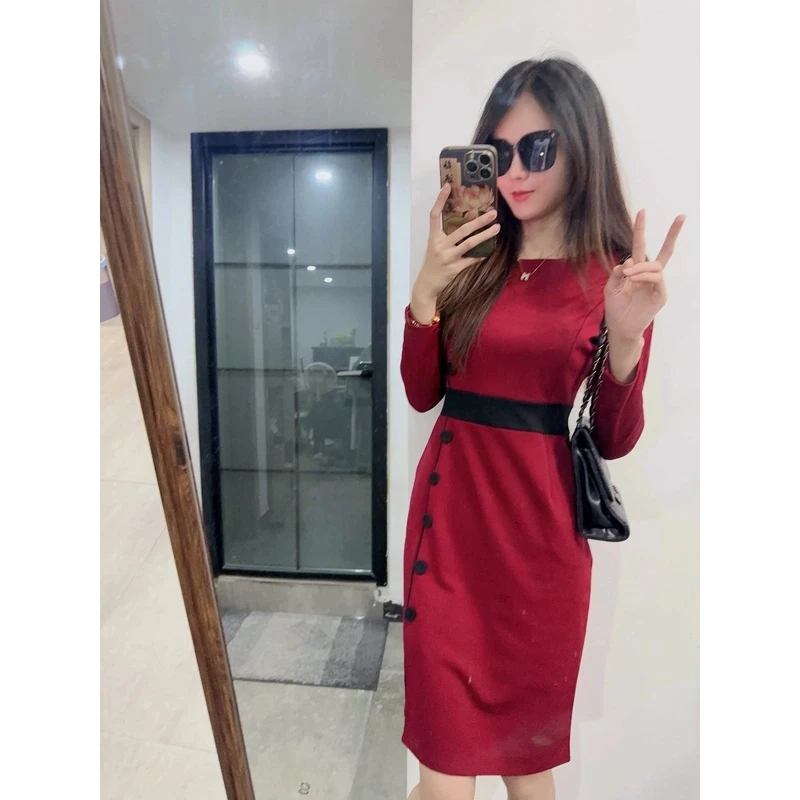 【奥利薇纽扣】新款拼色圆领钮扣收腰开叉显瘦气质名媛连衣裙礼服