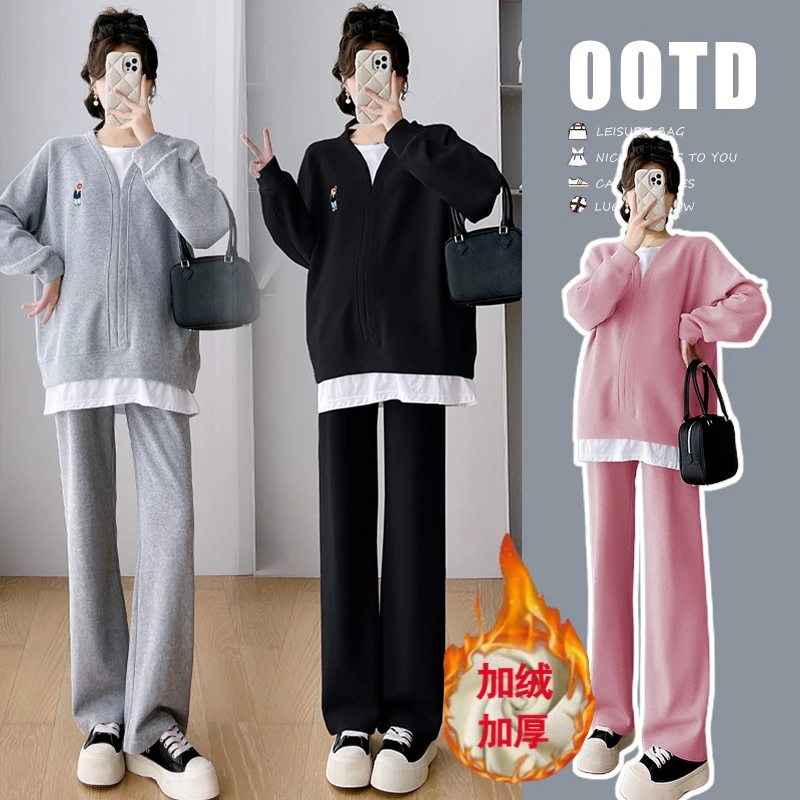 孕妇装春秋网红休闲运动风韩版时尚设计感假两件托腹外穿加绒套装