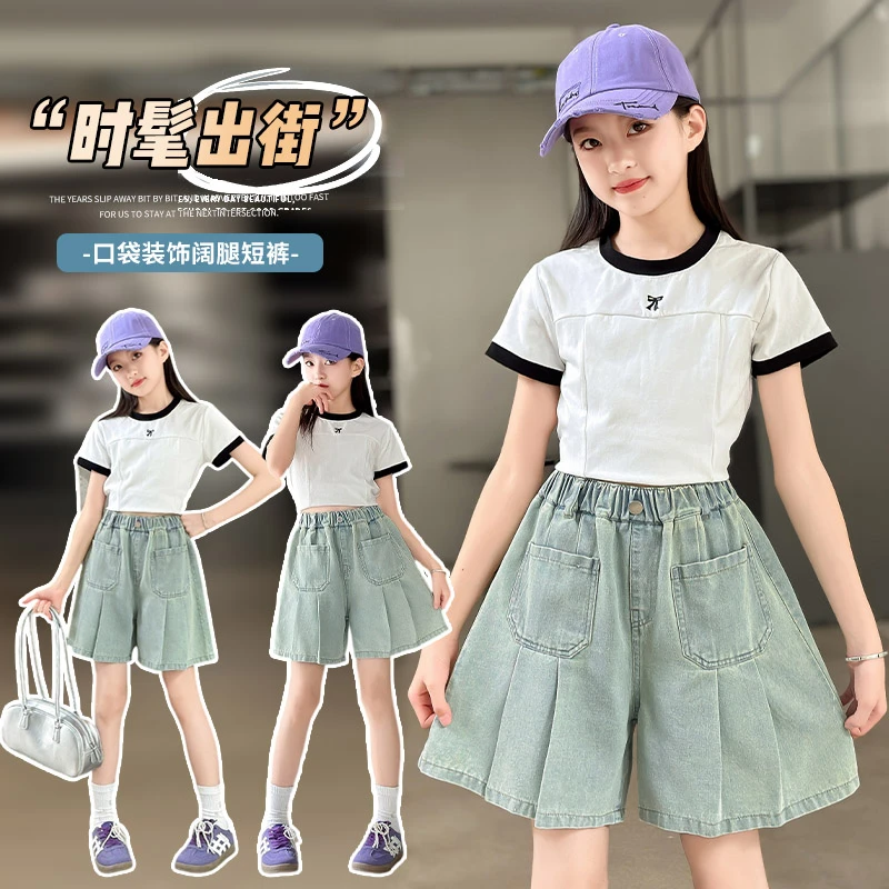 阔腿牛仔裤中大童短裤休闲夏季高腰女中腰
