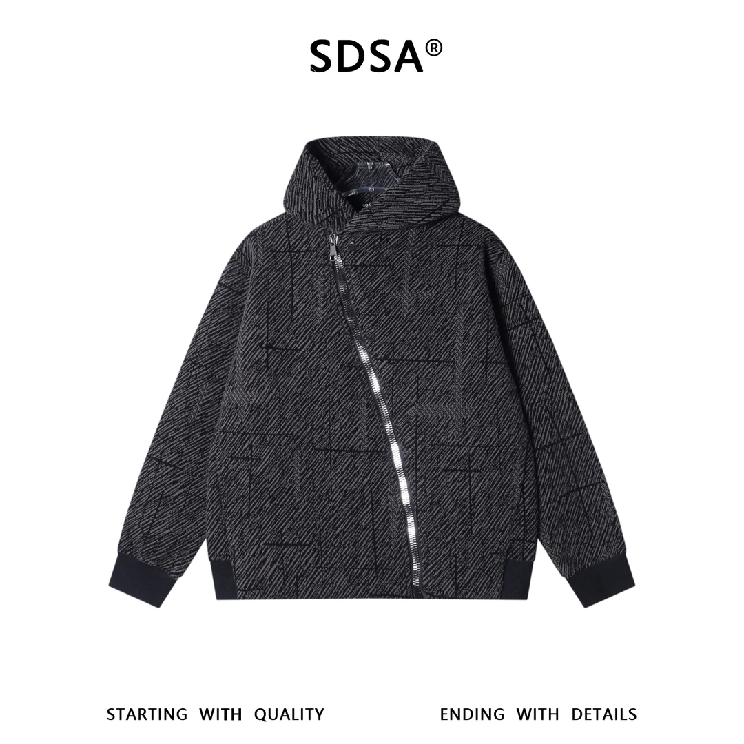 SDSA男士秋冬新款痞帅男装潮牌绒毛线条斜拉链连帽卫衣外套时尚