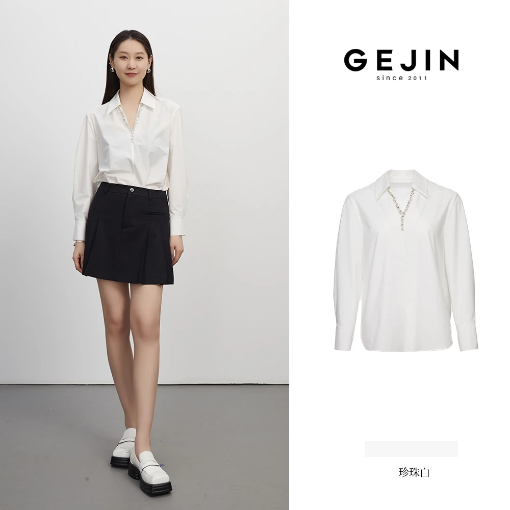 GEJIN/歌锦新款珠链小V翻领时尚气质款百搭衬衫9312520383