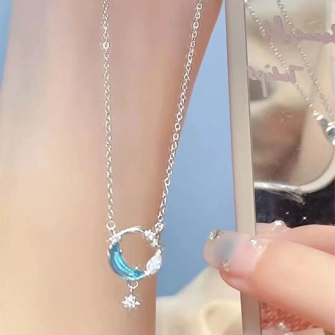 钛钢项链 钛钢项链星月项链女轻奢小众设计蓝色星星月亮锁骨链钛