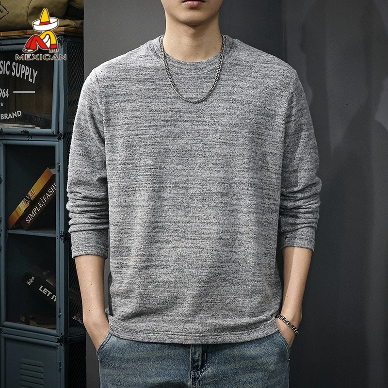 Mexican/稻草人春季休闲长袖t恤男士宽松大码套头圆领打底体恤衫