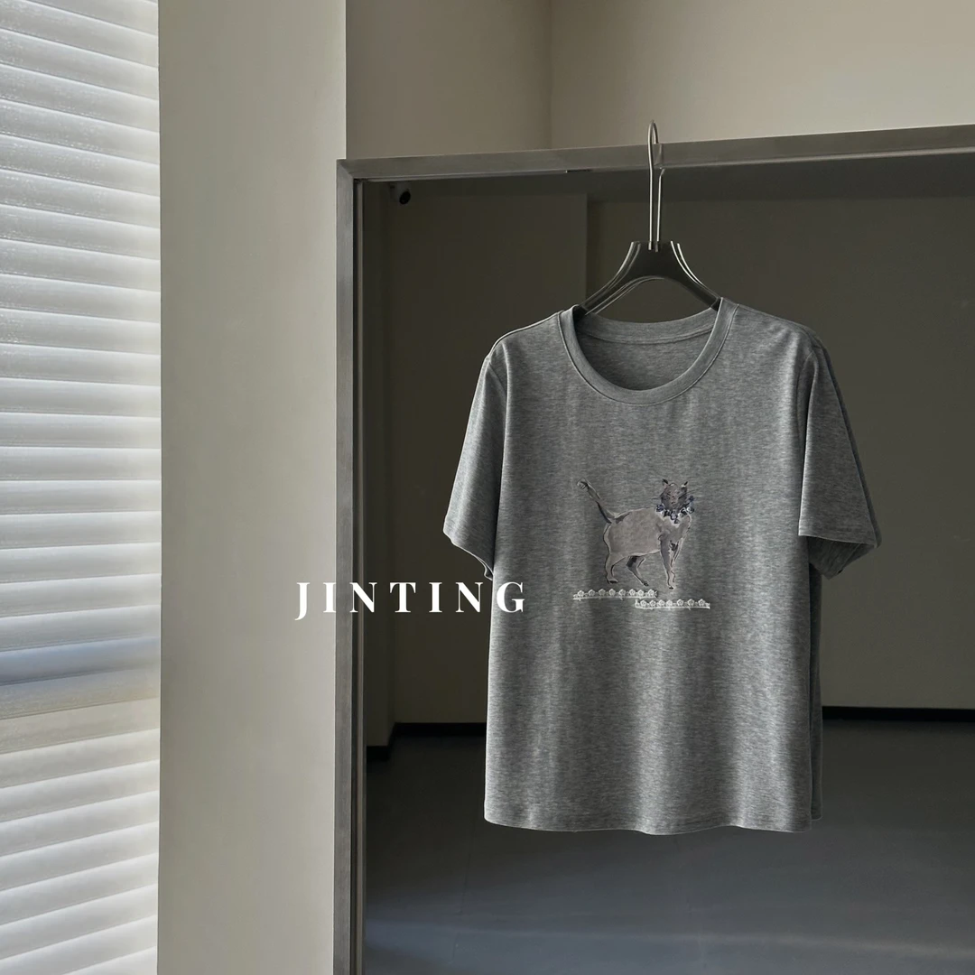 今婷韩系时尚百搭休闲显瘦舒适设计感猫咪印花短袖T恤-J25212318