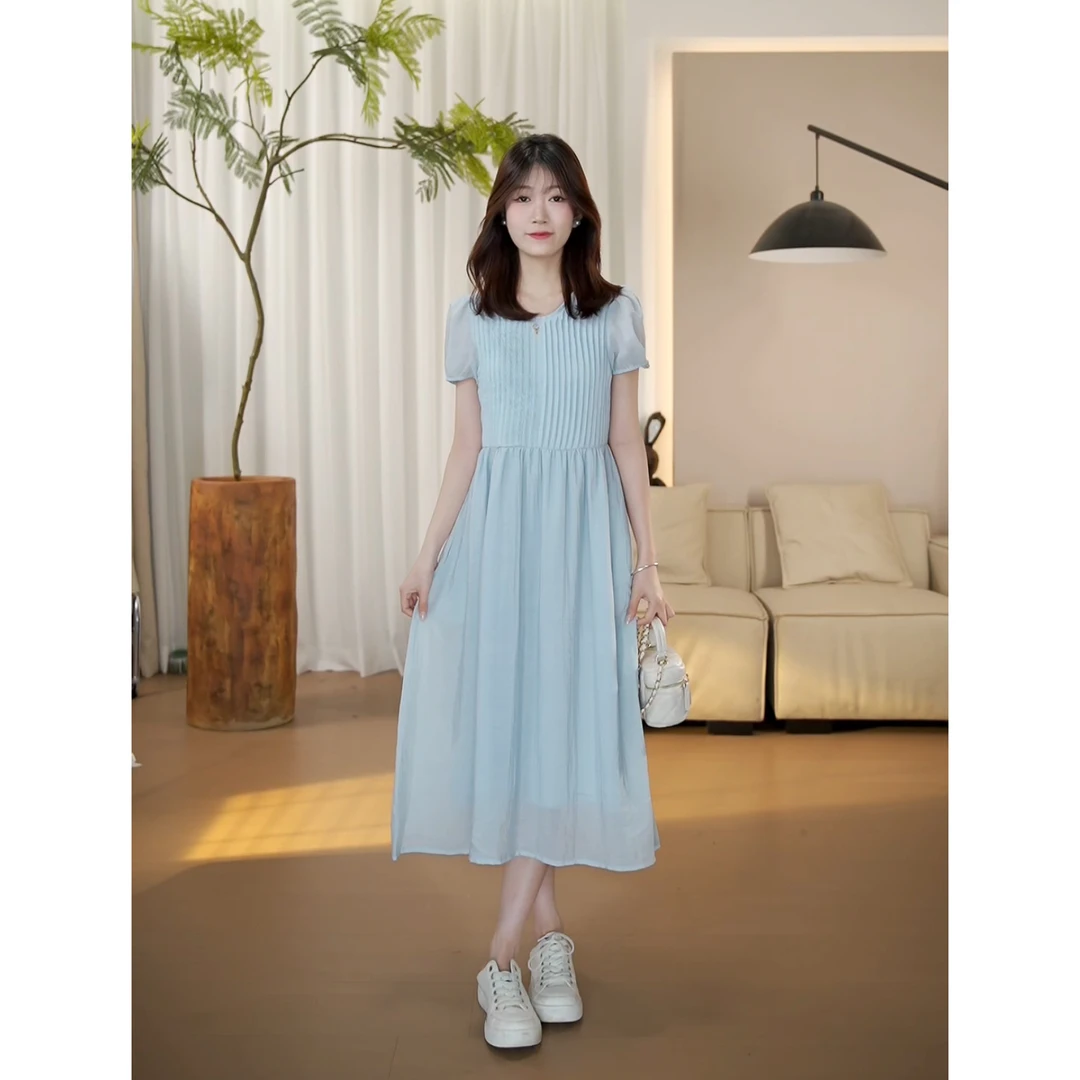 【现货】夏季新款法式圆领时尚小众设计感宽松连衣裙-9663