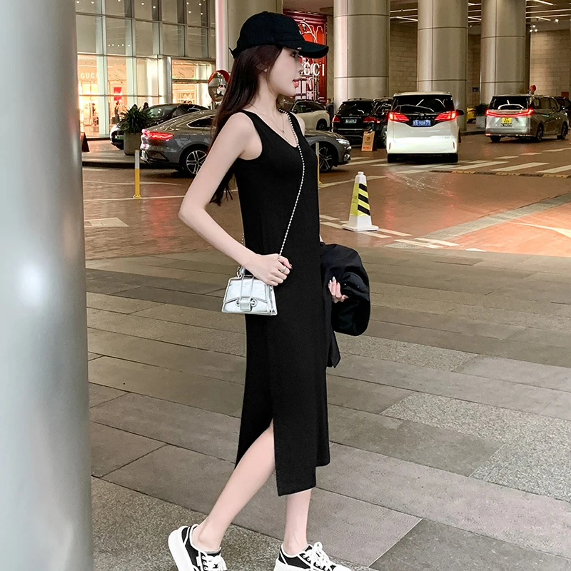 2025年春夏新款大码时尚慵懒风外穿显瘦黑色中长款开叉背心裙女