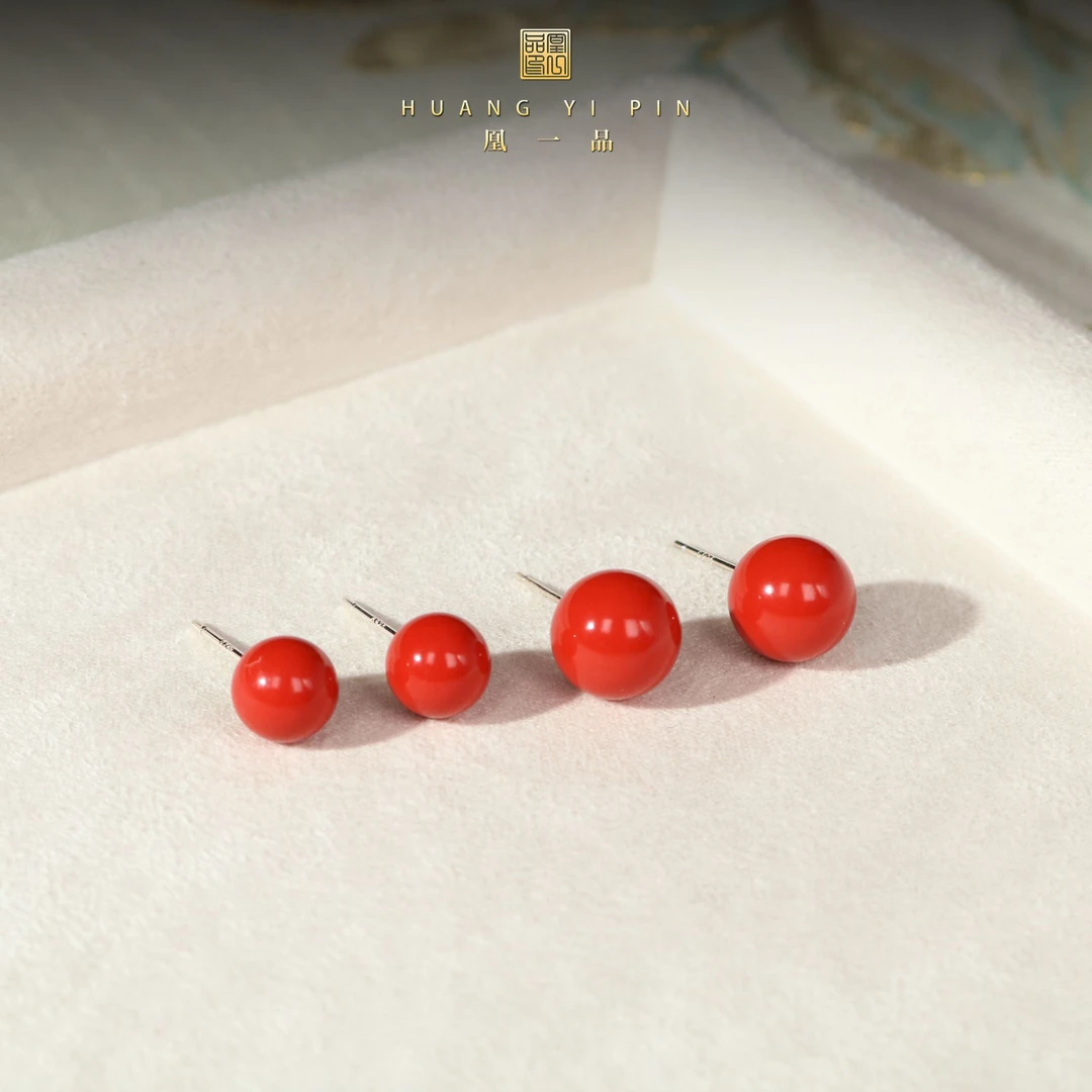 含辰砂工艺品【凰一品】 古法云端朱砂耳钉（一对9.5mm+一对7.5mm）