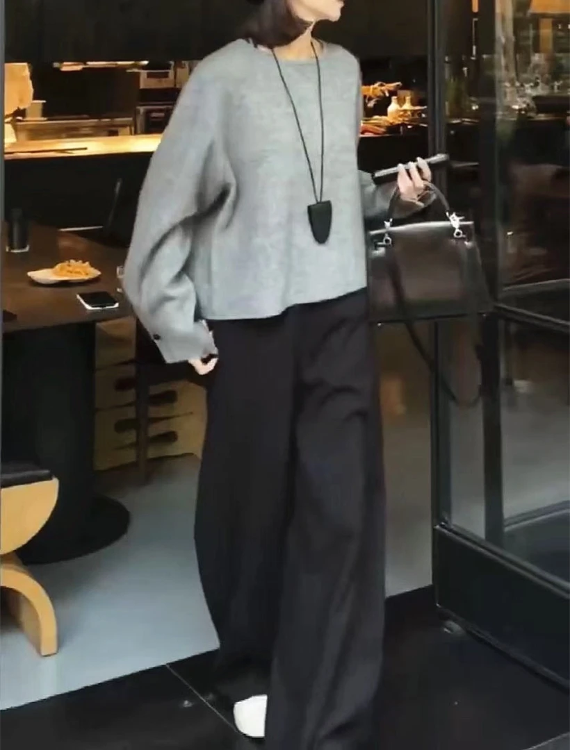 新款设计感后背纽扣宽松上衣高腰直筒裤00193