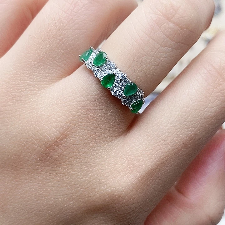 祖母绿戒指银S925镶嵌戒指