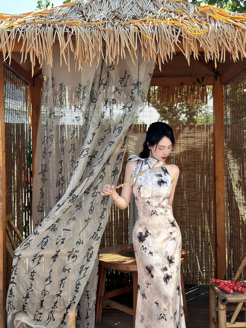 【很仙但是挑身材】高冷亦菲挂脖蝴蝶结 气质新中式旗袍鱼尾裙长130
