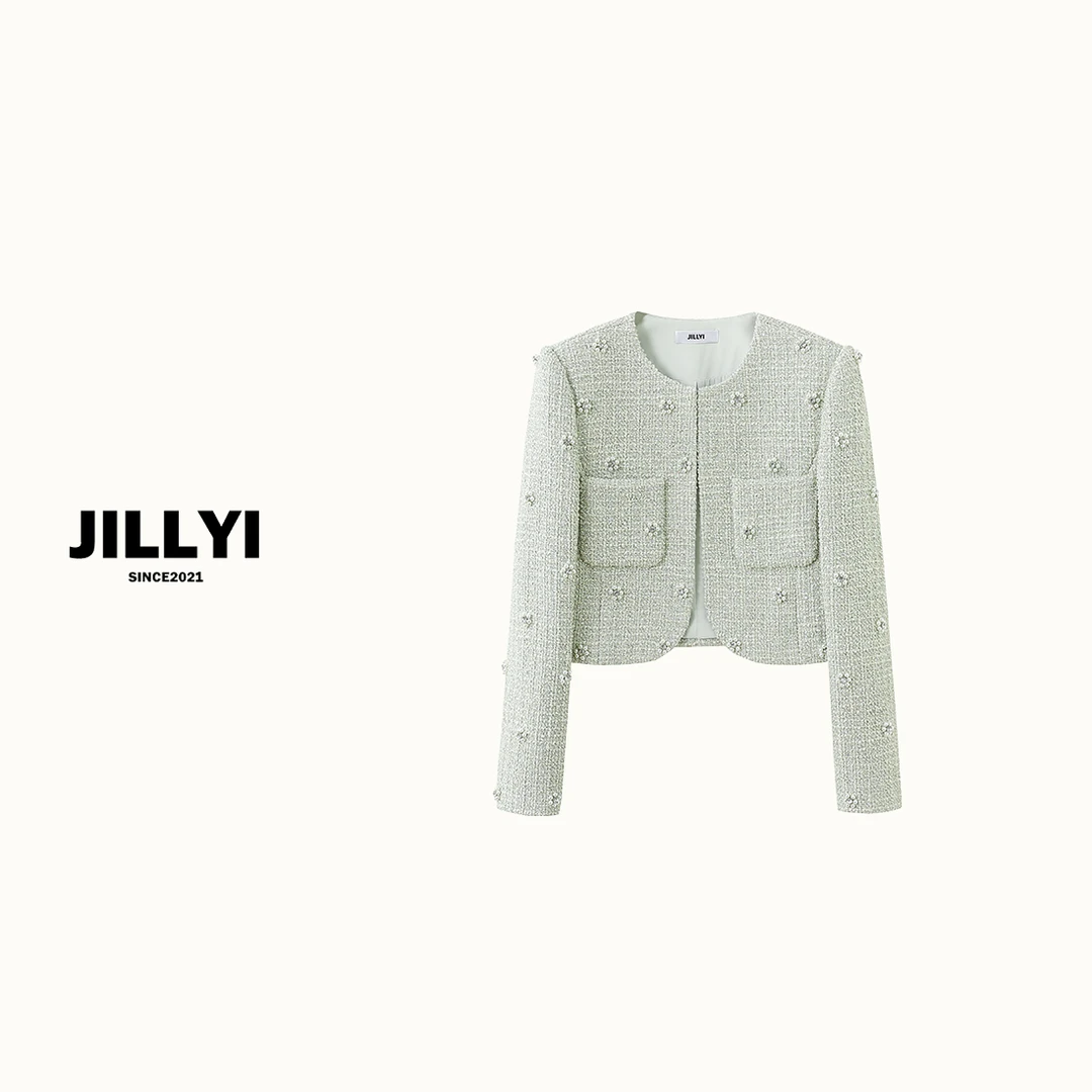 JILLYI南山店【浅绿波光】浅绿色圆领手缝珍珠花朵轻奢气质短外套