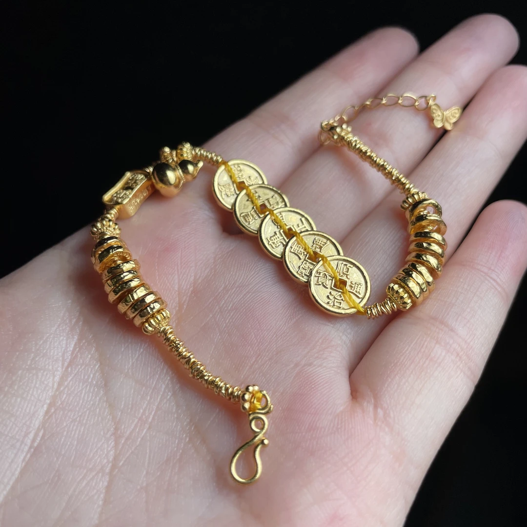 足银银制品 L 【玉氏珠宝】足银990五帝钱盘缠手链CAN3110020