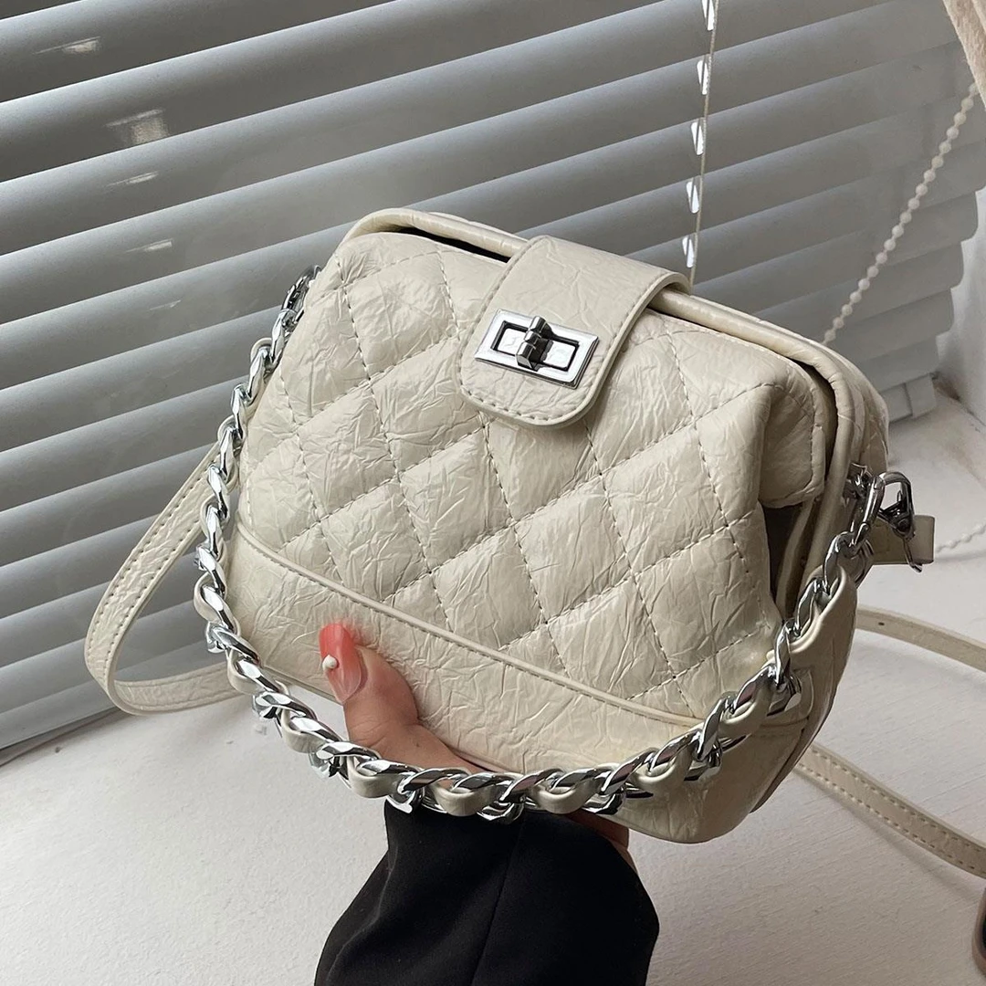 手拎链条包女2025春夏新款高级感时尚小香风菱格单肩包潮流斜挎包