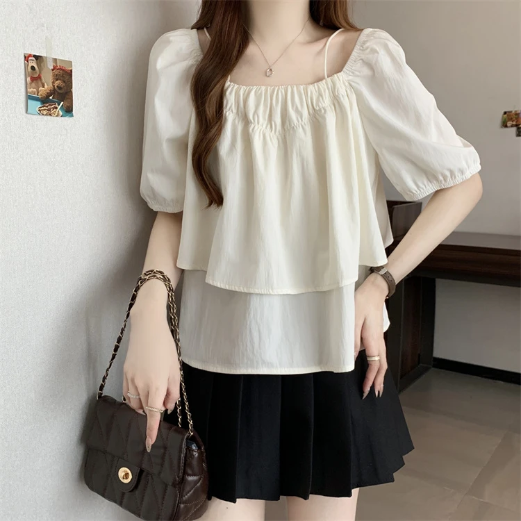大码一字肩泡泡袖吊带娃娃衫上衣女夏季纯欲减龄衬衫短袖露肩小衫
