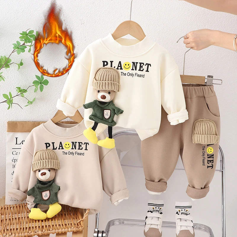 【沫沫家】秋冬季新款男女童加绒圆领卫衣长袖套装保暖长裤两件套