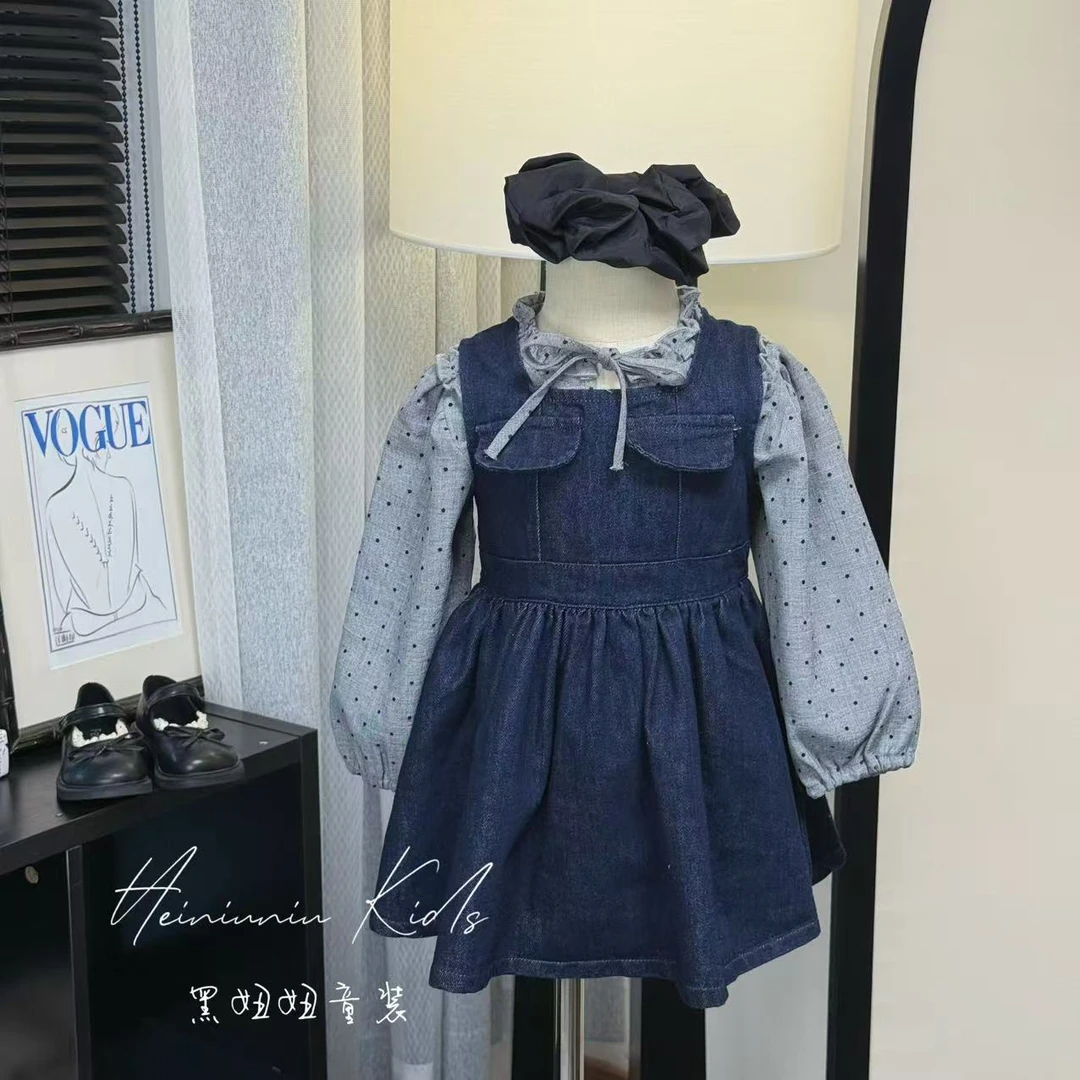 【黑妞妞】中小童休闲套装2025新品秋季软牛仔背带裙两件套LH18128